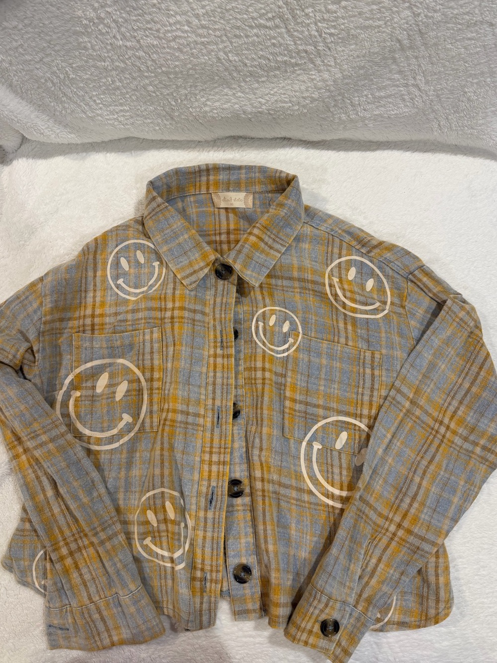 Altar'd State Blue/Gray and Mustard Plaid Button-Down Shirt White Smiley Prints